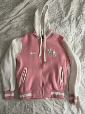 Pink & White Boston MA Varsity Zip Hoodie